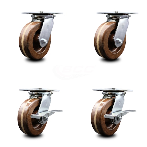 6 Inch High Temp Phenolic Swivel Caster Set with Roller Bearings 2 Brakes SCC